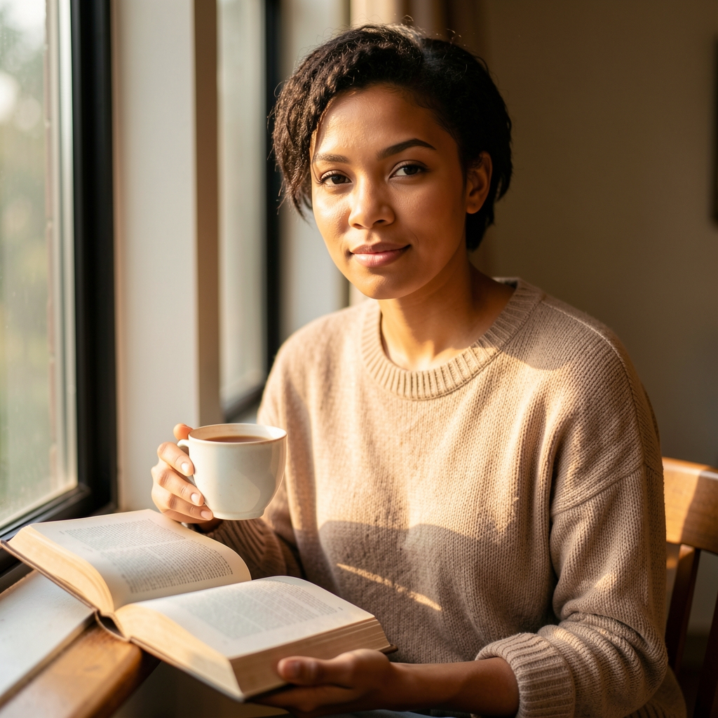 Editorial portrait of a woman in her late twenties with short natural hair, seated near a window with a cup of tea and an open book, photographed in warm afternoon light