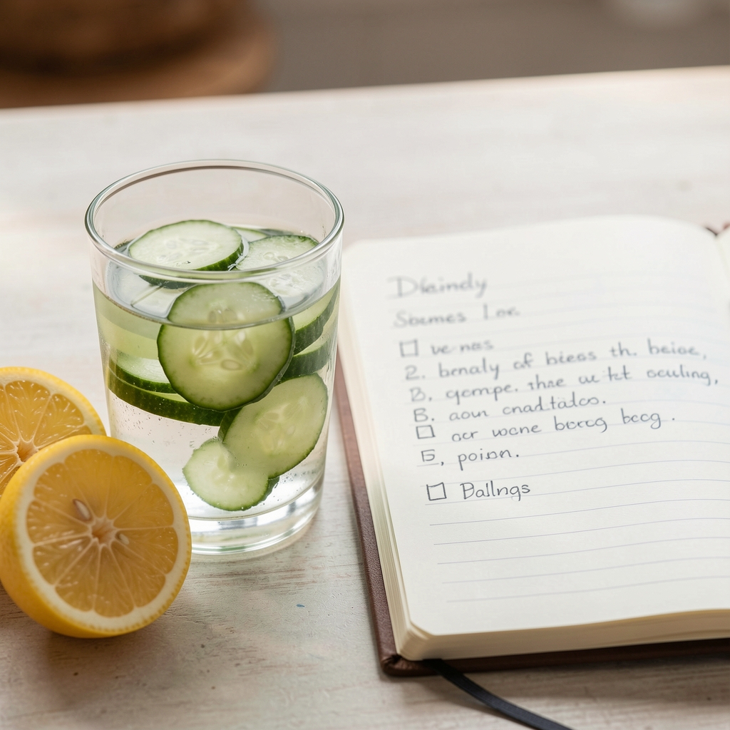 Close-up of a glass of water with sliced cucumber and lemon beside a notebook open to a handwritten daily wellness log on a pale wooden desk